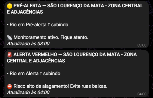 Mensagens do bot mostrando a escalada de pré-alerta para alerta vermelho em São Lourenço da Mata