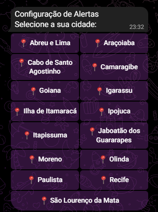 Menu do bot com botões para selecionar a cidade da RMR ao configurar alertas