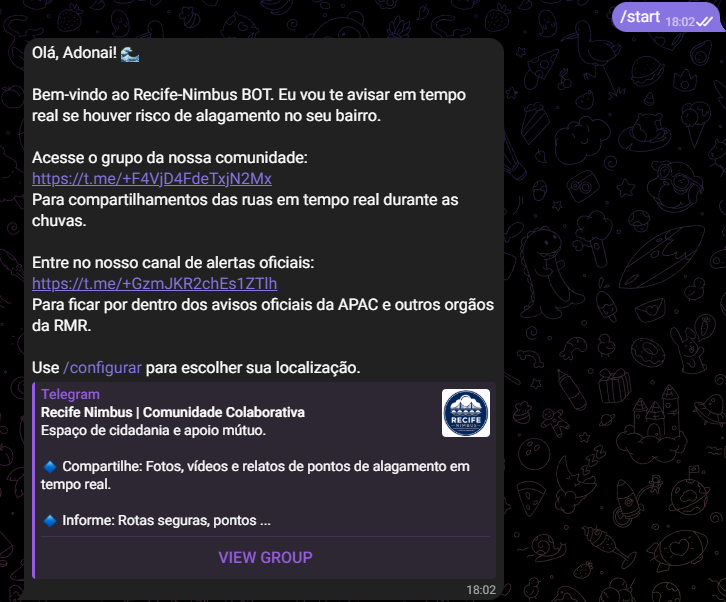 Mensagem de boas-vindas do bot Recife Nimbus após o comando /start, com links para o grupo da comunidade e o canal de alertas