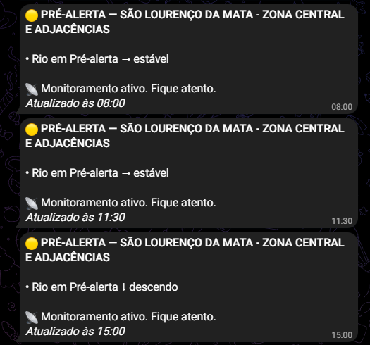 Mensagens do bot mostrando alertas consecutivos de pré-alerta em São Lourenço da Mata